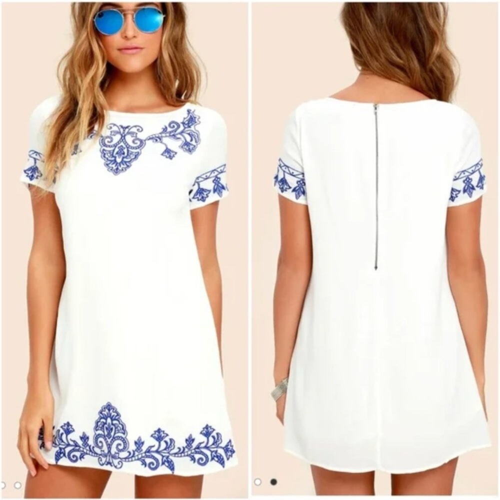 Lulus Unworn Tags on White Dress with Blue Embroidery